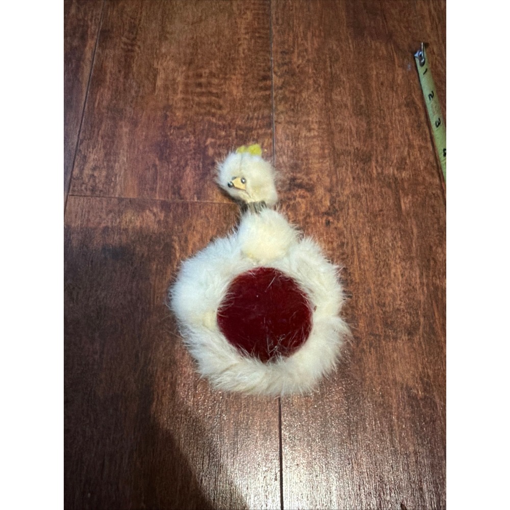 Vintage White Rabbit Fur Swan‎ Pin Cushion Red Velvet Center Sewing Accessory